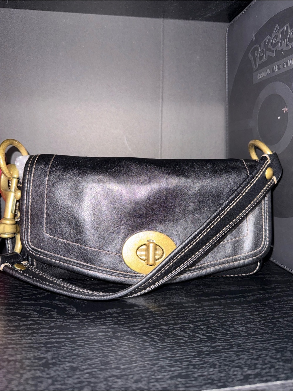 Coach Black Leather Shoulder Bag with Brass Turnlock